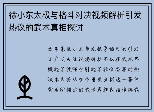 徐小东太极与格斗对决视频解析引发热议的武术真相探讨