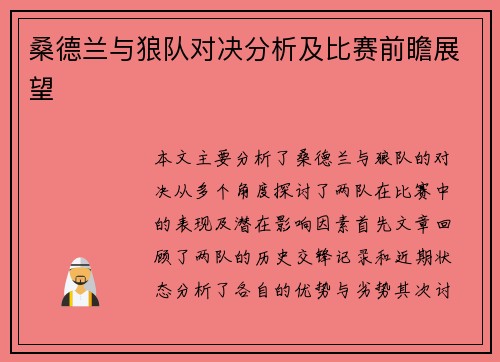 桑德兰与狼队对决分析及比赛前瞻展望